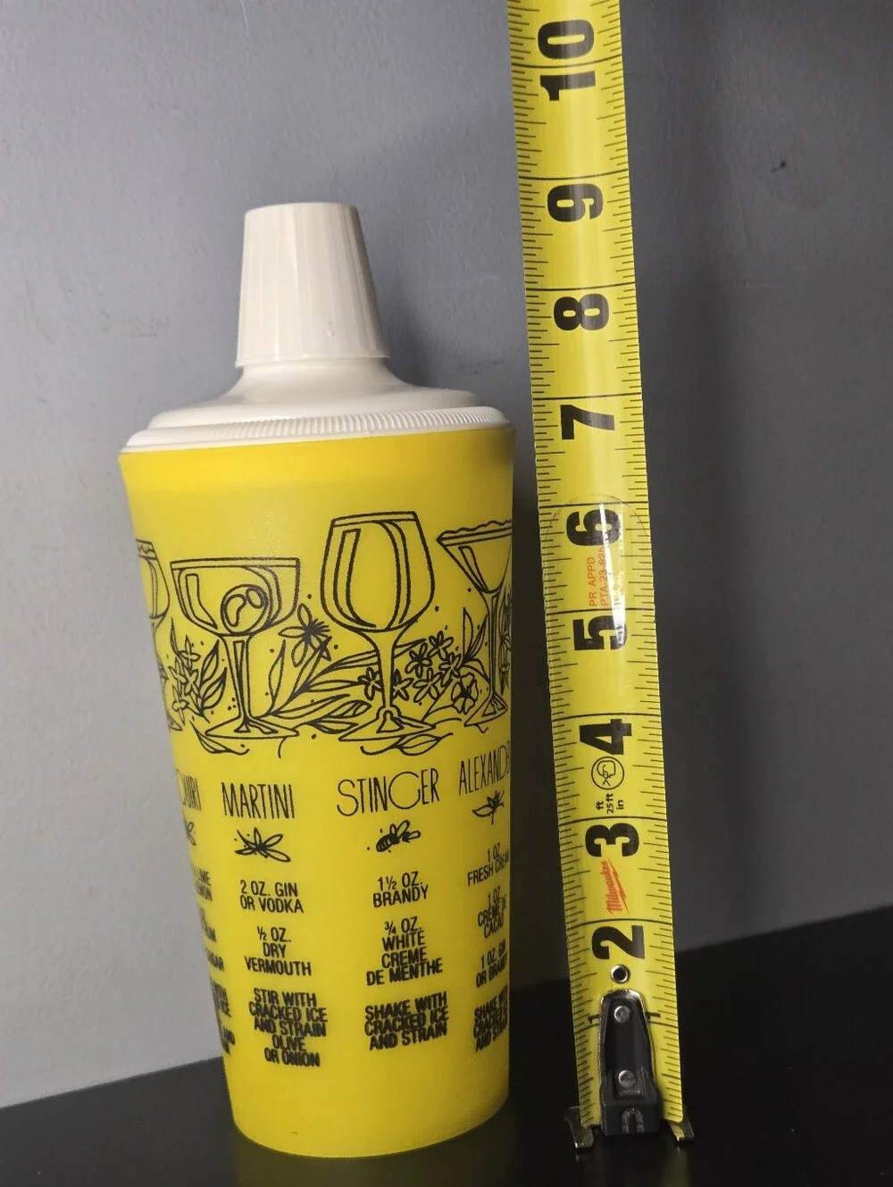 Vintage MCM 1960s Yellow Cocktail Shaker w Cap+ Strainer + Cocktail Recipes